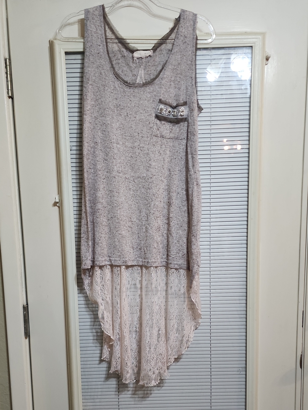 A'Reve Blush Gray High-Low Lace Hem Tank with Pocket Detail